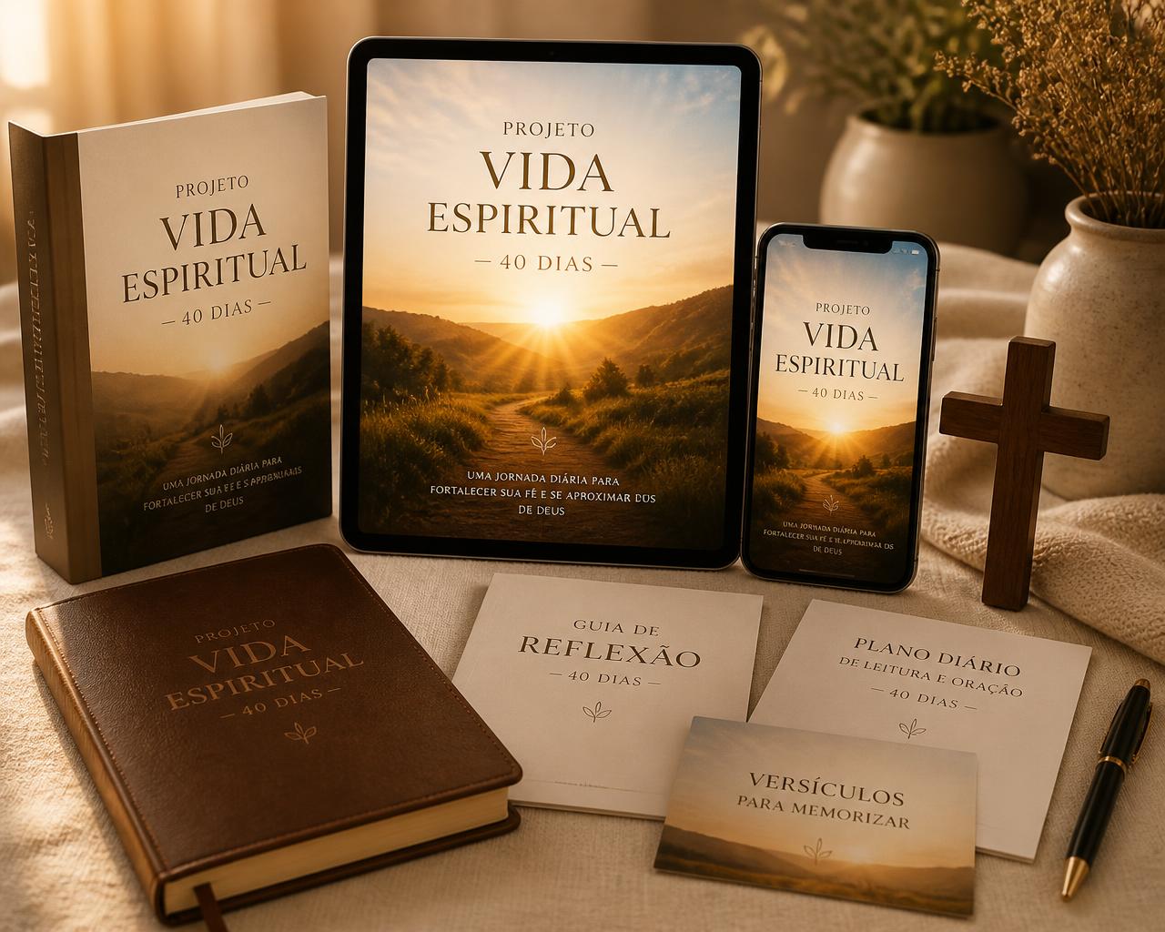 Demonstração do e-book Projeto Vida Espiritual em tablet, celular e materiais impressos